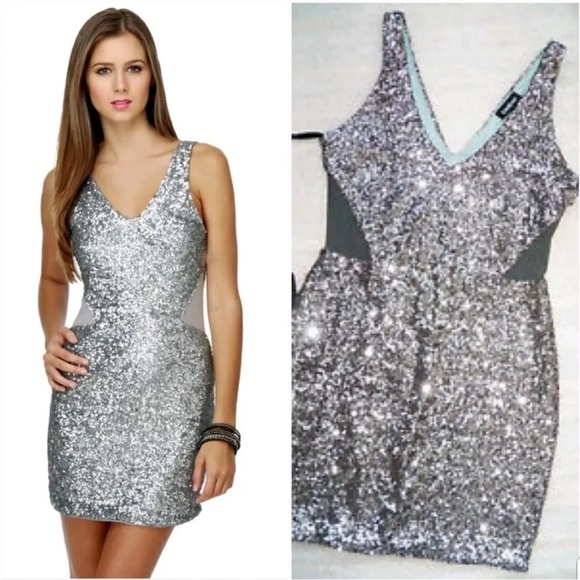 Bebe Silver Sequin Bodycon Sleeveless Mini Dress with Mesh Cutouts - Picture 2 of 14